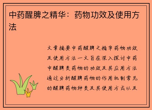 中药醒脾之精华：药物功效及使用方法