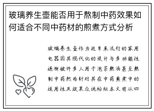 玻璃养生壶能否用于熬制中药效果如何适合不同中药材的煎煮方式分析